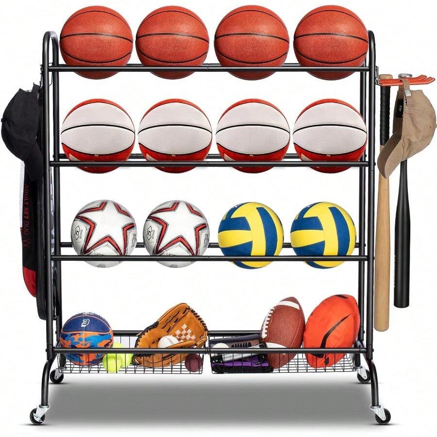 Basketball Rack, Rolling Basketball Shooting Training Stand, Sports Equipment Storage With Wheels, Four-Layer Organizer Holder With Two Basket Basketballs Footballs Volleyball - Black - View 1