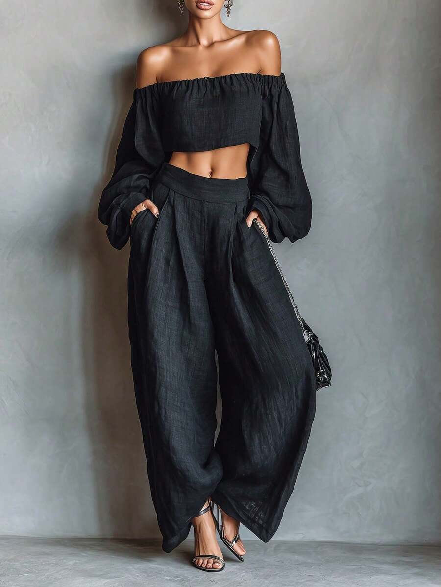 Conjunto de top corto de hombros descubiertos y pantalones de pierna ancha - Negro - Ver 1