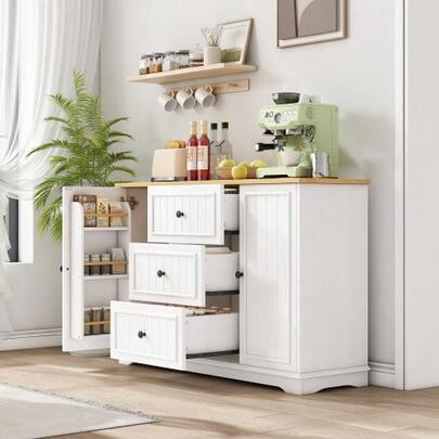 Modern, Elegant Sideboard With 3 Drawers And Refrigerator-Like Doors, Buffet Cabinet For Dining Room, Living Room And Hallway (White)