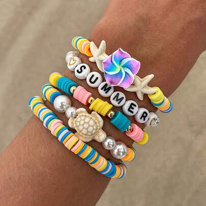 5 pulseras apilables con colgante de estrella de mar y concha en estilo vacacional azul/verde, set de pulseras elásticas de arcilla suave con flores, pulsera bohemia de surf, adecuado como regalo vacacional para mujeres