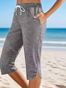 2025 Hot - Pantalones de playa de verano para mujer: cintura con cordón, diseño con hendidura y recortado, estilo informal de vacaciones.De moda, cómodo, - Gris Oscuro - Ver 4