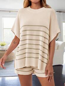 Women's Striped 2 Piece Outfits Oversized Batwing Short Sleeve Tops High Waisted Shorts Summer Knit Lounge Short Sets - Màu be - Xem 1