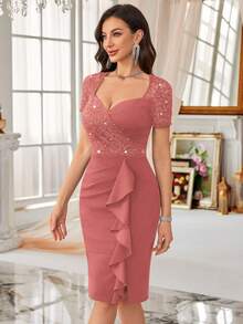 Đầm dự tiệc cocktail ôm dáng, phối sequin tương phản, ren hoa, cổ tim, viền bèo nhún. - Bụi hồng - Xem 6