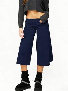 Fold Over Gaucho Pants Culottes For Women Low Rise Capris Foldover Flowy Going Out Flare Bottoms Wide Leg Capri Pants - Xanh đậm - Xem 3