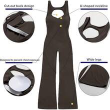 Women's Flared-Leg Jumpsuit With Built-In Bra, Openwork Back, Sportswear, Sleeveless Jumpsuit, Fitted Casual - Brown - View 2