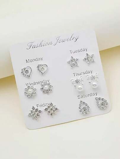 6 Pairs Rhinestone Geometric Stud Earrings Set