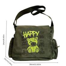 街头涂鸦熊印花斜挎包，大容量耐用帆布单肩包，/街头风格爱好者的日常通勤包 - 彩色 - 查看 3