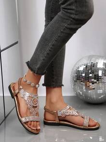 Dép xỏ ngón đế bằng đính đá cho nữ, dép đi biển phong cách boho mùa hè. - màu nâu - Xem 6