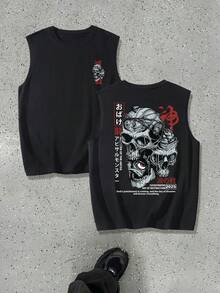 Lonblece 男士日系街头风骷髅印花无袖背心，夏季休闲哥特运动背心 - 黑色 - 查看 3