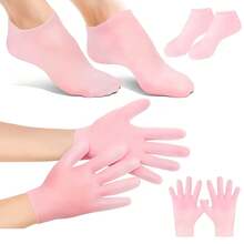 5-Pack Silicone Moisturizing Socks Set, 1 Pair Gloves And 1 Pair Foot Covers, Unscented, Super Tough, Non-Slip, Perfect Fit For Cracked Skin, Reusable Spa Socks For Softening Feet And Hands, Ideal For Cracked Heels And Rough Hand Care - 粉紅色 - 查看 1