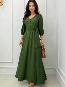 Women's Long Dress With 3/4 Sleeves, Button Closure, And Tie. Autumn/Winter. - Dark Green - View 2