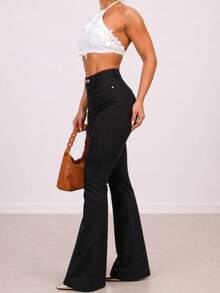 Black Flare Pants, Bell-Bottom Style, High-Waisted, With Lycra, Butt-Lifting, Comfortable, Versatile, Casual, Elegant, Country Style. - Black - View 3