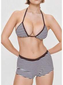 Fashionable And Fresh Multi-Color Striped Halter Neck Tie-String Bikini Set With Square-Cut Bottoms - Blue - View 12