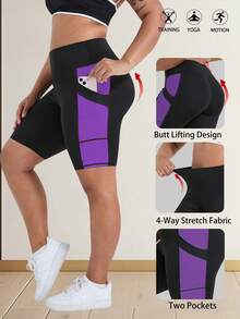 Pantalones cortos de fitness para mujer talla grande primavera/verano nuevos, cintura alta, levantamiento de glúteos, pantalones cortos de ciclismo, pantalones cortos deportivos ajustados, pantalones cortos de yoga de cintura alta, diseño de color en contraste, con bolsillos, adecuados para deportes, correr, fitness y varias ocasiones - Morado - Ver 2