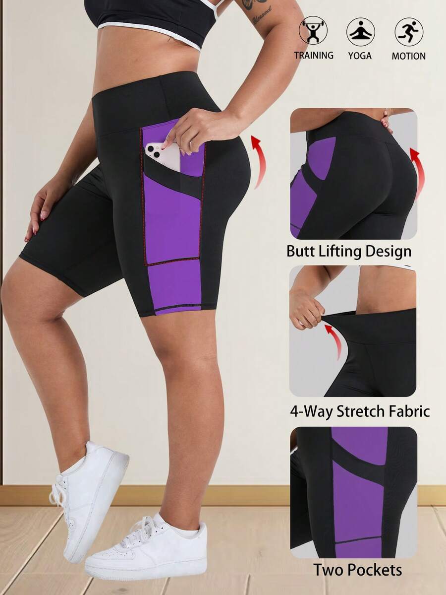 Pantalones cortos de fitness para mujer talla grande primavera/verano nuevos, cintura alta, levantamiento de glúteos, pantalones cortos de ciclismo, pantalones cortos deportivos ajustados, pantalones cortos de yoga de cintura alta, diseño de color en contraste, con bolsillos, adecuados para deportes, correr, fitness y varias ocasiones