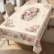 1pc Rectangular/Oval/Round Vintage Rose Print Tablecloth, Floral Lace Trim Polyester Fabric, Home Decor, Wedding Decorations, Table Cloth - Multicolor - View 7