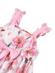 2 Pcs Infant Summer Outfits, Baby Girl Watermelon/Flower Ruffle Strap Square Collar Bowknot Tank Top + Shorts with Pockets - flores rosas - Ver 6