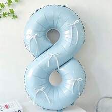 7pcs Blue Number Balloon Set, Bow Tie DIY Decor, Blue Number (0-9) Foil Balloons, Includes Glue, Suitable For Birthday Party, Room Decor, Anniversary, Photo Props, Princess Party Decoration - Baby Blue + Bow - View 9