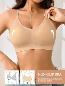 1pc Women's Wireless Sports Bra, Soft & Breathable, Adjustable Spaghetti Straps | Removable Pads | High Elasticity, Strong Support, Suitable For Sports & Daily Wear - Apricot - View 3
