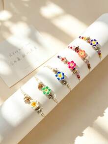 12pcs/Set Boho Style Tropical Jasmine Flower Shell Bead Bracelet Set, Suitable For Women. Colorful Hawaiian Jasmine Flower Decorated Adjustable Bracelet With Natural Shell And Acrylic Flowers, Summer Beach Holiday Accessory - 彩色 - 查看 11