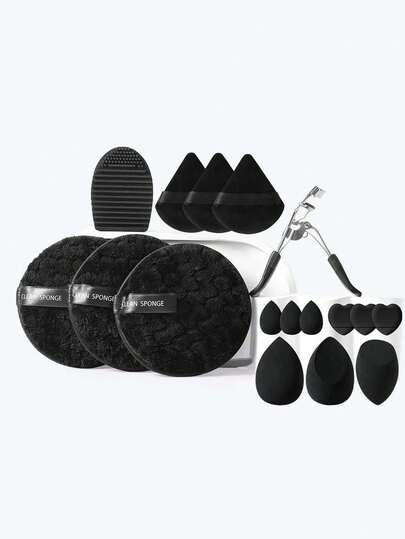 17PCS Makeup Tools Set Including:3PCS Facial Cleansing Sponges+1pc Makeup Brush Cleaning Tools+3PCS Mini Makeup Sponges+3PCS Mini Air Cushion Powder Puffs+3PCS Makeup Sponges+1pc Eyelashes For To Beautify The Eyes+1pc Storage Bucket+3PCS Triangle Powder Puffs