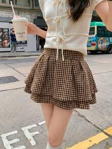 Chân váy ngắn kẻ caro kiểu mới dành cho nữ - Màu Khaki - Xem 1