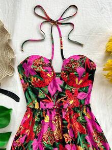Women's Vacation Style Front Cut Out Tie Neck Ruffle Hem Decor Black Background Colorful Tropical Flower & Fruit Print Wedding, Beach, Music Festival, Summer Bohemian Party Dress - Multicolor - View 3