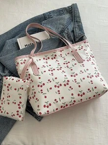 2026 Nuova moda Borsa a tracolla casual da donna con grande capacità, stampa a ciliegie e farfalle con fiocco - Rosa - Visualizzare 7
