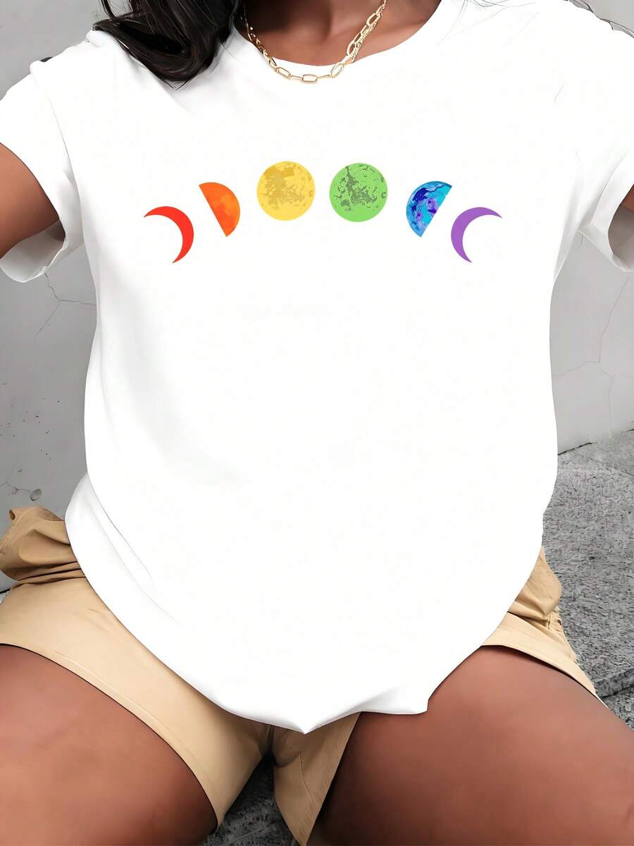 Moon Phases Rainbow Print Women T Shirt Short Sleeve Round Neck 220g - trắng - Xem 1