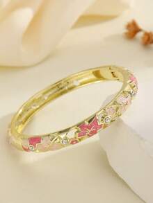 1pc Fashion New Style Gold Plated Exquisite Rhinestone Flower Pattern Enamel Cloisonne Bracelet Bangle Jewelry Gift For Girls Women, Pink - Pink - View 3