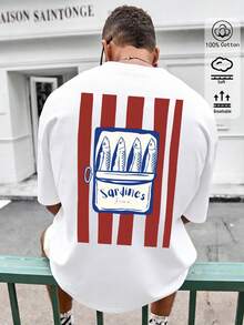 Men's Summer Vacation Suit, Sardines Print, 100% Soft And Breathable Cotton, Loose Style, Minimalist Style, Casual Style, Holiday Style, Country Style, Fun Vertical Stripe Print, Suitable For Casual Holiday Gifts, Father's Day Gifts, Men's Summer Outfit. - White - View 7