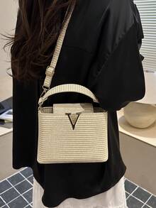 2026 Nueva bolsa cuadrada de unicolor minimalista, bolso bandolera y bolso de mano de diseño de nicho - Beis - Ver 2