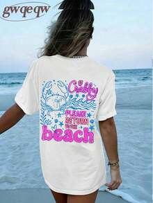 2026 Tropical Vacation OutfitsIf Crabby Please Return To The Beach Double Sided Crab Graphic Tee, Coastal Aesthetic Graphic Tees Women, Summer Fits For Women, Vacation Fits Women, Casual Streetwear, Retro Beach Aesthetic, Beach Life Tops, Oversized Graphic TeesLoose And Comfortablegoing Out Outfits - 白色 - 查看 3