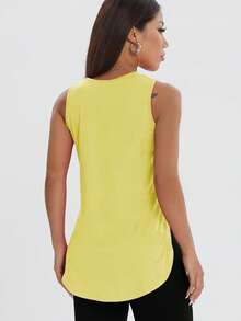 Kaos Tanpa Lengan Longgar Kasual Wanita, Atasan Olahraga Warna Polos dengan Belahan Samping yang Nyaman, Cocok untuk Olahraga Musim Semi/Panas - Butter Yellow - View 2