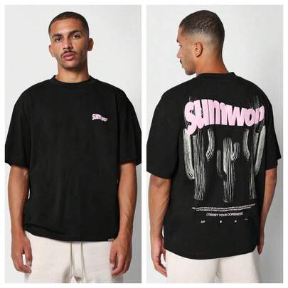 Camiseta de estilo callejero de verano oversize con estampado gráfico de cactus, tema desértico, ropa casual de calle, moda urbana, estilo skateboard, camiseta de declaración de la cultura juvenil