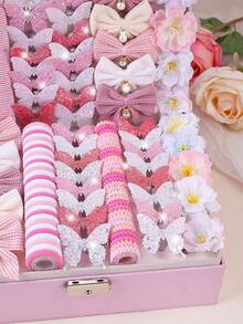 181pcs Pink Ombre Dreamy Princess Style Hair Accessories Set For Girls, Spring & Summer, Includes Shiny Butterfly Hair Clips, Pearl Bow Hair Clips, Camellia Hair Clips, High Elastic Non-Damaging Hair Ties, Suitable For Daily, Outing, Party To Create Elegant Hairstyles - Multicolor - View 5
