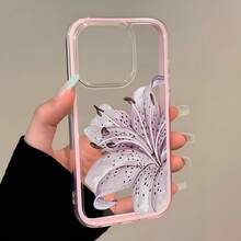 1pc Pink Frame Transparent Minimalist Lens Protection Anti-Fall Anti-Collision Pink Lily Flower Phone Case, Personalized For IPhone 16 Pro Max, 17/16/15/14 Plus, 13/12/11, Air - Multicolor - View 1