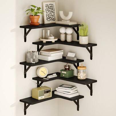 Tomnk 4/5pcs Corner Floating Shelves, Bookshelves, Rustic Wood Wall Mounted Corner Shelf, Wall Decor, Room Decor, For Bathroom, Kitchen, Bedroom, Home Decor, Laundry Room, Living Room, Spring Decor