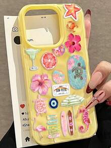Funda de teléfono suave con textura plegada y cordón, compatible con iPhone 17 Pro Max, 16, 15, 14, 13, 12 Pro Max, 14, 15, 16 Plus, 11, con estampado de flores oceánicas de verano, caballito de mar y tortuga - Amarillo - Ver 4