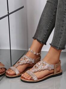 Dép xỏ ngón đế bằng đính đá cho nữ, dép đi biển phong cách boho mùa hè. - màu nâu - Xem 4