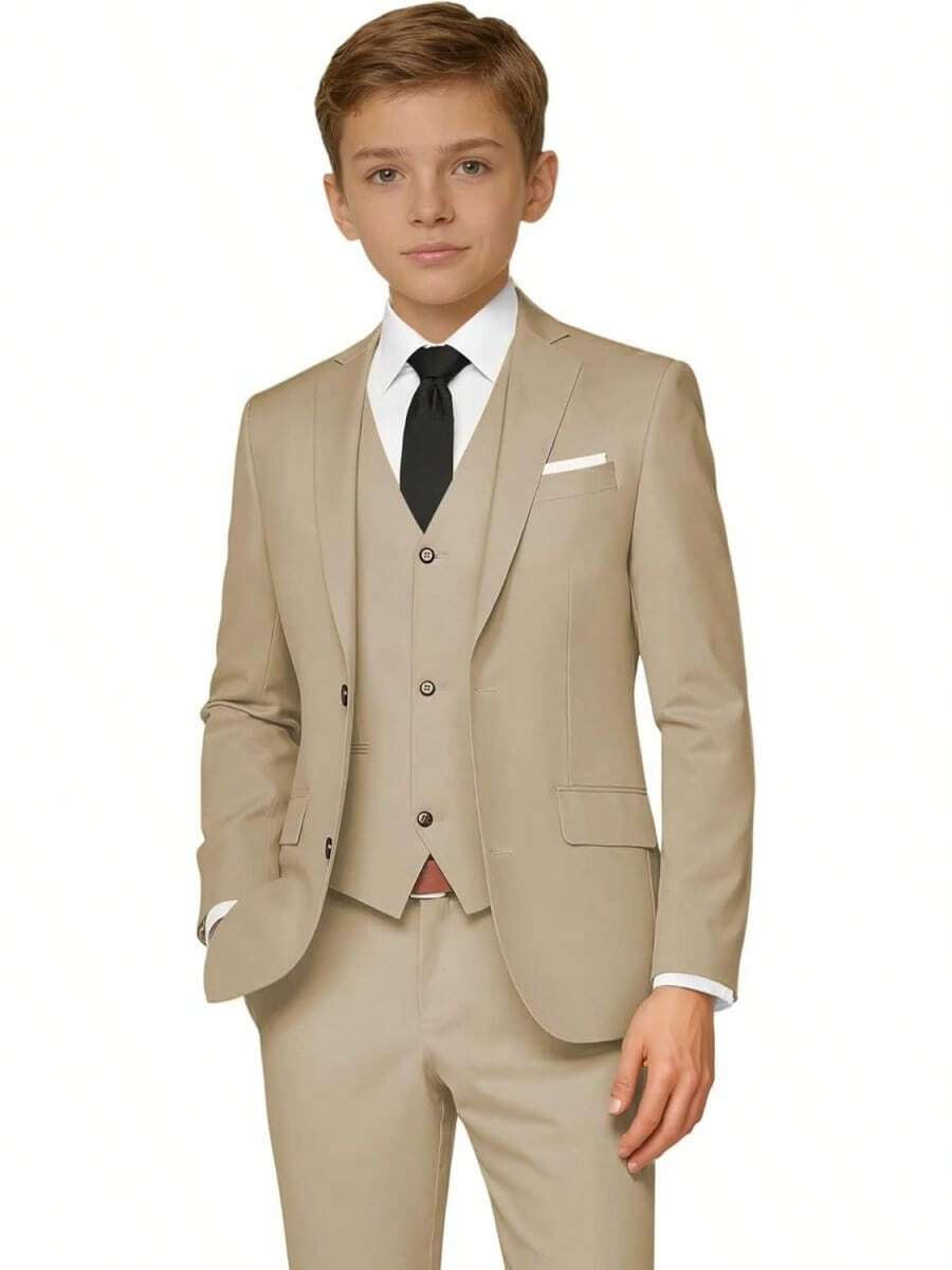 2026 Boys 5-Piece Formal Suit Set, Kids Wedding Communion Easter Tuxedo, Jacket Vest Pants With Shirt And Tie, Gentleman Formal Outfit - 淡香檳 - 查看 1