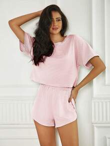 2 Pack Women's Casual Knit Lounge Sets With Short Sleeve Striped Tops And Side Slit Shorts Comfortable Four Season Pajama Sets For Home Relaxing And Sleep - Pink - View 9