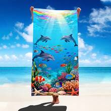 1pc Underwater World Dolphin & Coral Beach Towel, Super Soft Microfiber Extra Large Beach Blanket, Super Absorbent Bath Towel, Suitable For Travel, Swimming Pool, Diving, Surfing, Yoga, Camping, Available In Multiple Sizes, Beach Accessories - Dolphin - View 2