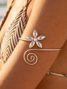 18K Gold/Silver Plated Floral Swirl Open Cuff Bracelet (With Pearl Accents), Bohemian Style Resort Stainless Steel Waterproof Ocean Theme Arm Cuff (2 Colors Available) For Women - Gold - View 7