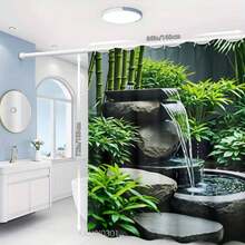 Cortina de ducha elegante con diseño de fuente de jardín, 2D, diseño de cascada y bambú, poliéster duradero, lavable a máquina, con ganchos, decoración artística para el hogar, temática de baño sereno, tela de fácil mantenimiento. - color1 - Ver 8