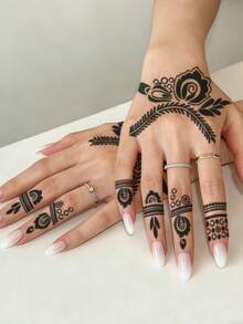 Șablon de tatuaj floral gol desenat manual Hana - model floral sexy, potrivit pentru mâini, pictură DIY, cerneală, autocolant reutilizabil pentru șablon de design Mandala, potrivit pentru machiaj de corp pentru femei și petreceri - Negru - Vizualizare 2