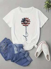 Women's Elegant T-Shirt With American Flag Print - Short Sleeve T-Shirt, Round Neck, Comfortable And Casual For Everyday Wear And Stylish Combinations, Soft, Skin-Friendly, Unisex Clothing - 白色 - 查看 7