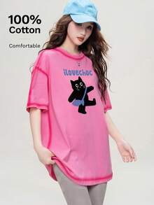 JUTU Spring/Summer Loose Round Neck Letter & Cartoon Cat Print Women's Knitted Loose Pink Striped 100% Cotton Casual Graphic Tee, Streetwear - 469 Pink-yH862 - View 2