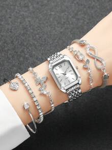 Bộ 6 chiếc đồng hồ đeo tay nữ thời trang thường ngày mặt vuông thanh lịch kèm dây đeo (Không bao gồm đồng hồ) - Bạc - Xem 10