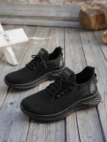 Breathable Mesh Sneakers] Lightweight Breathable Mesh Sneakers - Non-Slip EVA Sole, Comfortable Ankle Support, Lace-Up Low-Top Running & Tennis Shoes For Men And Women, Retro Style, All-Season Wear, Fitness Wear - 黑 - 查看 5